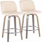 Toriano 26" Swivel Counter Stool in Light Grey Wood & Cream Leatherette & Chrome (Set of 2)